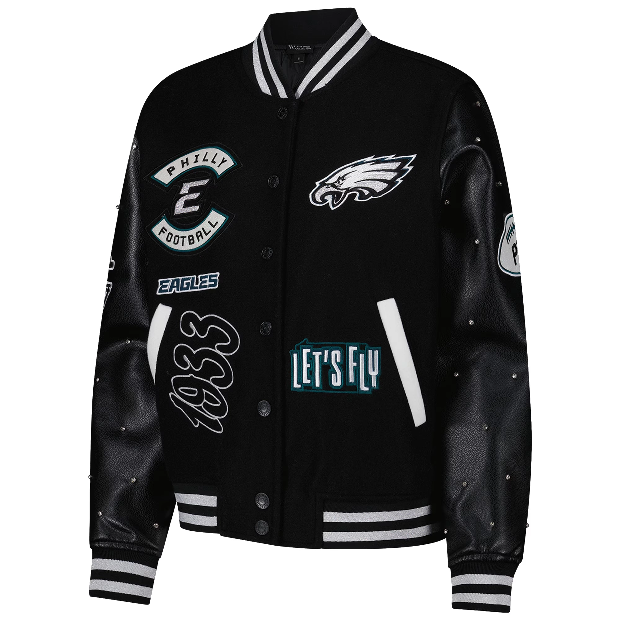 Women’s Philadelphia Eagles Sparkle Black Wool & Leather Varsity Jacket - Image 3