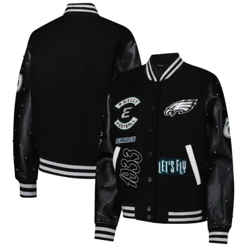 Women’s Philadelphia Eagles Sparkle Black Wool & Leather Varsity Jacket - Image 5