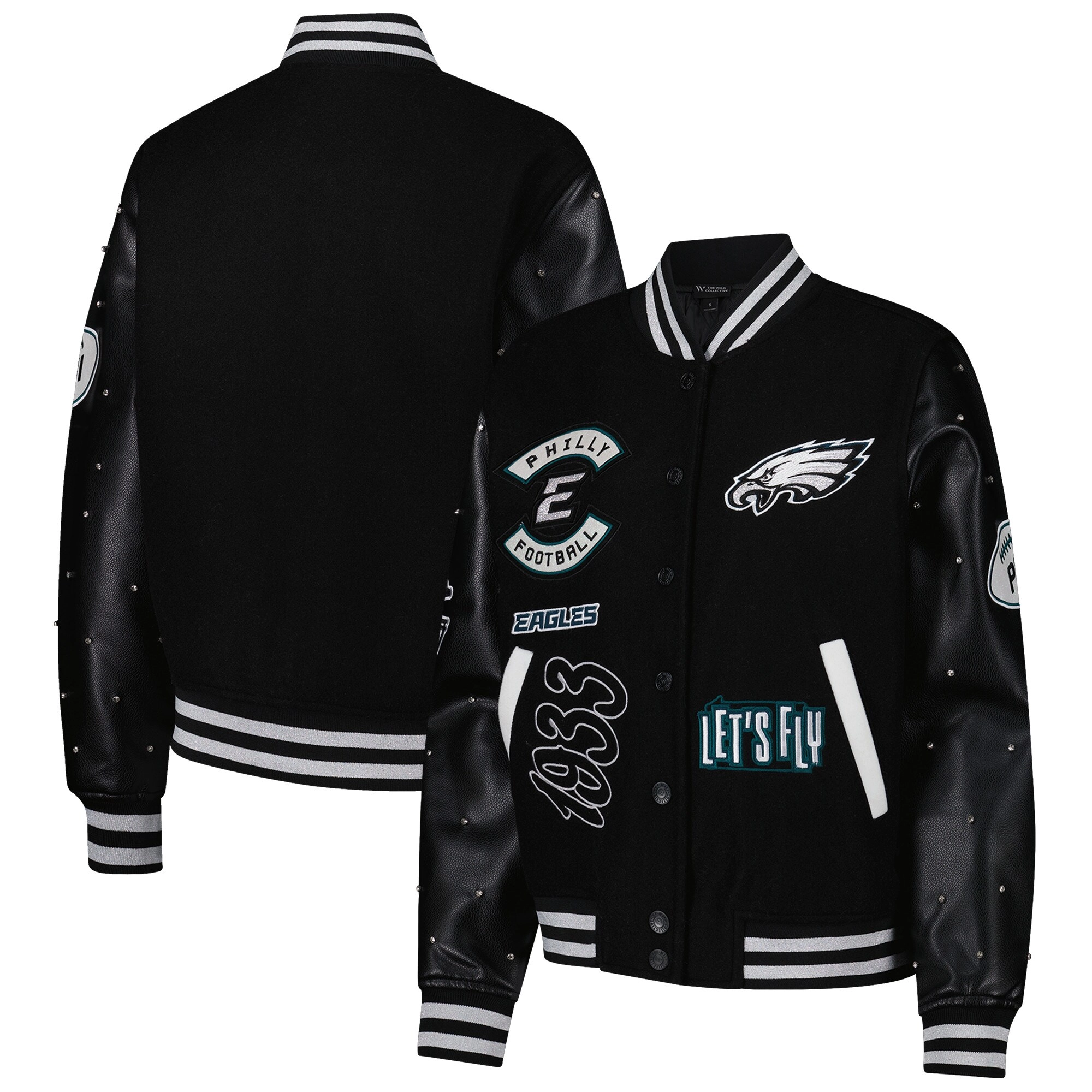 Women’s Philadelphia Eagles Sparkle Black Wool & Leather Varsity Jacket - Image 5