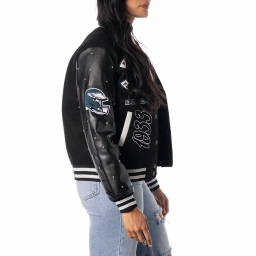 Alternative view of Women’s Philadelphia Eagles Sparkle Black Wool & Leather Varsity Jacket