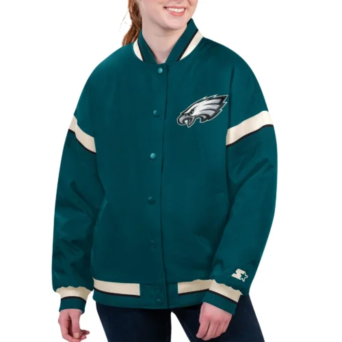 Women's Philadelphia Eagles Tournament Green Satin Varsity Jacket