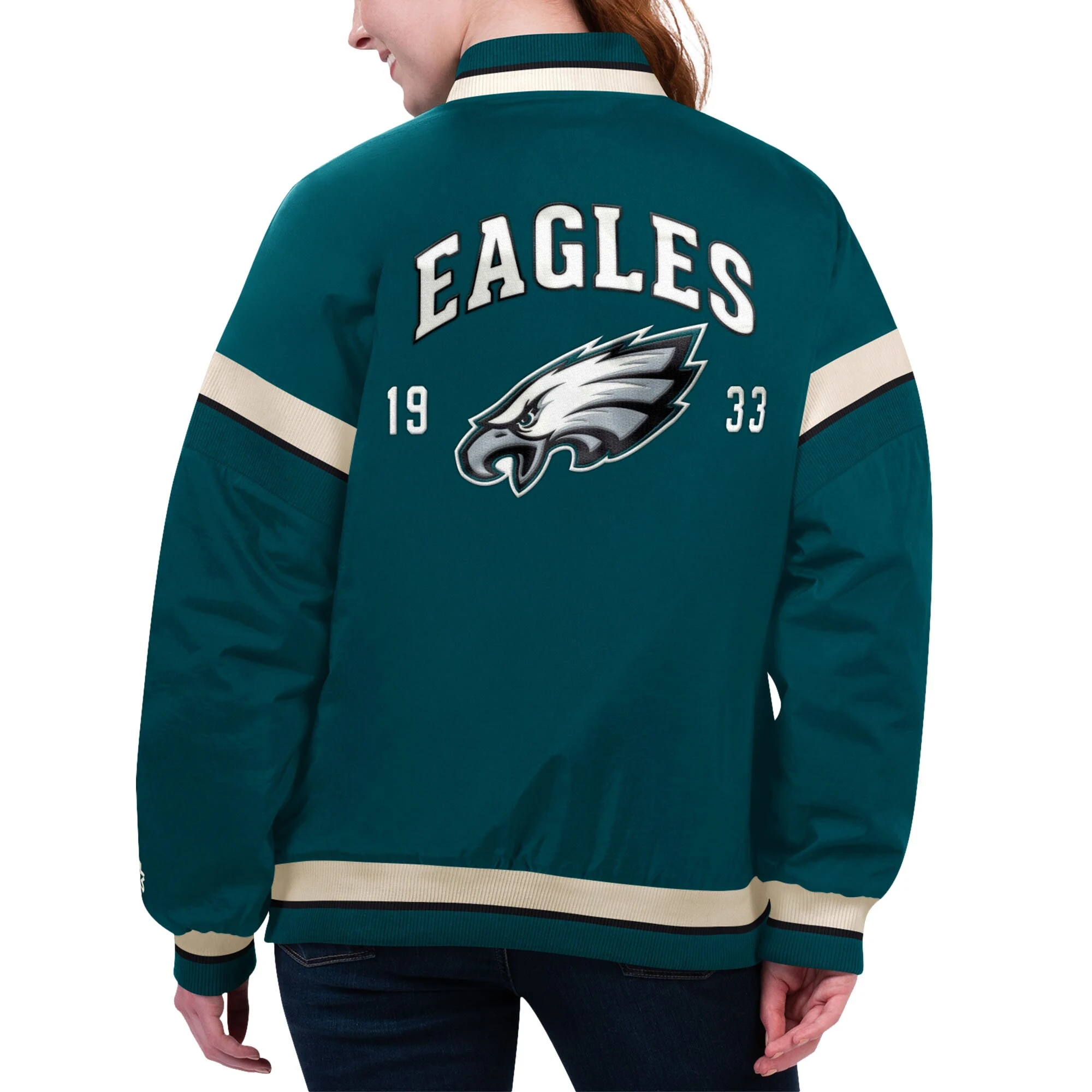 Women's Philadelphia Eagles Tournament Green Satin Varsity Jacket - Image 2