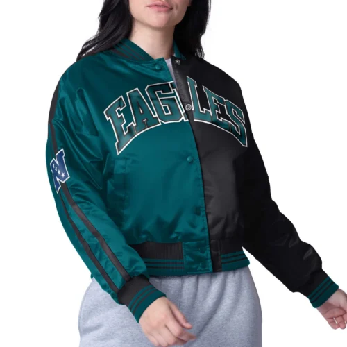 Women's Philadelphia Eagles Zone Blitz Cropped Green/Black Satin Jacket