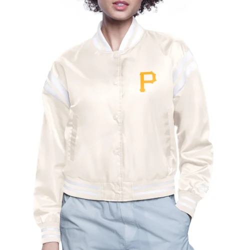 Women's Pittsburgh Pirates Round Printed Logo Cropped Cream Satin Varsity Jacket