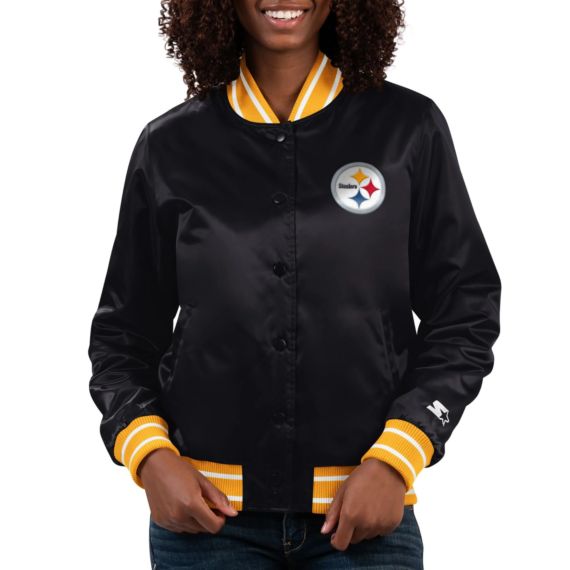 Women's Pittsburgh Steelers Full Count Black Satin Varsity Jacket