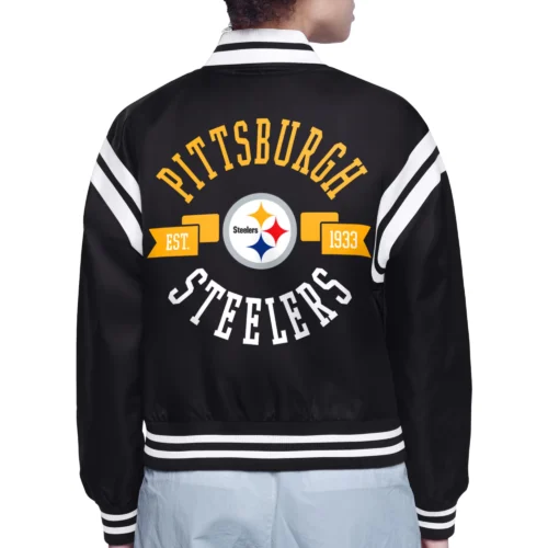 Alternative view of Women's Pittsburgh Steelers Round Printed Logo Cropped  Black Satin Varsity Jacket
