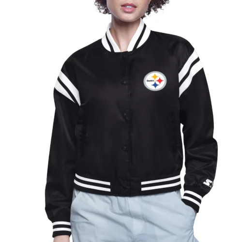 Women's Pittsburgh Steelers Round Printed Logo Cropped Black Satin Varsity Jacket