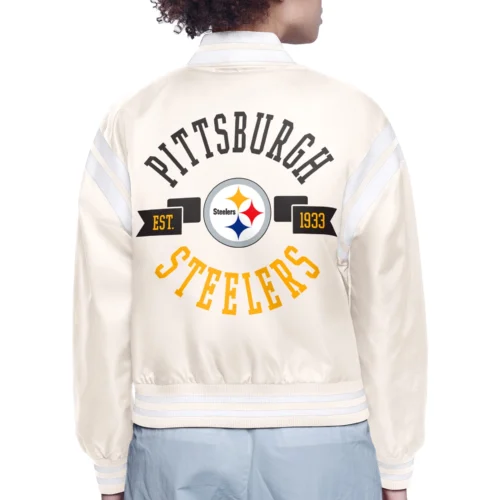 Alternative view of Women's Pittsburgh Steelers Round Printed Logo Cropped Cream Satin Varsity Jacket