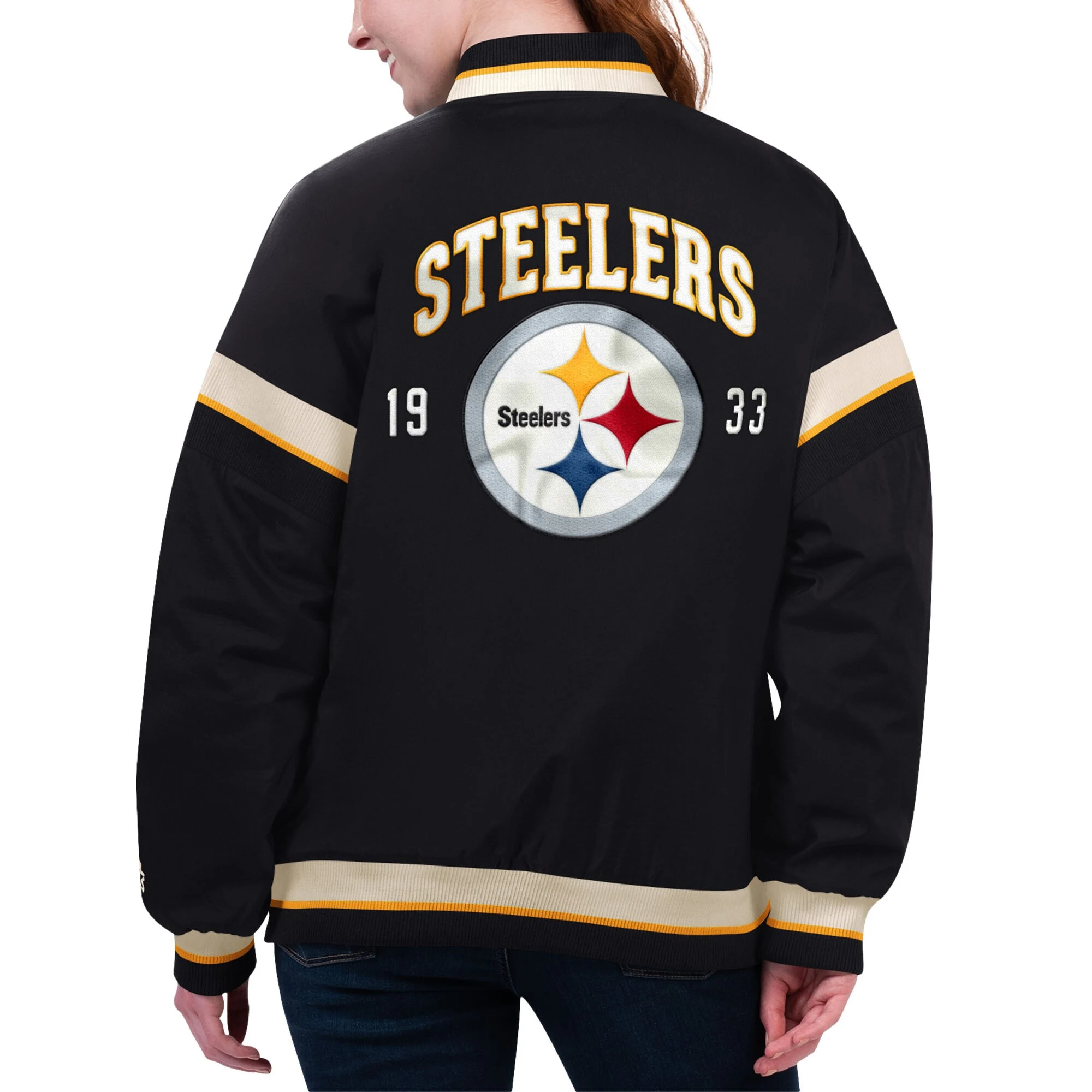 Women's Pittsburgh Steelers Tournament Black Satin Varsity Jacket - Image 2