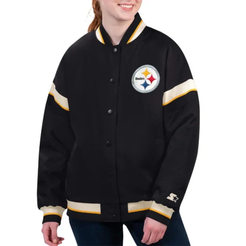 Women's Pittsburgh Steelers Tournament Black Satin Varsity Jacket