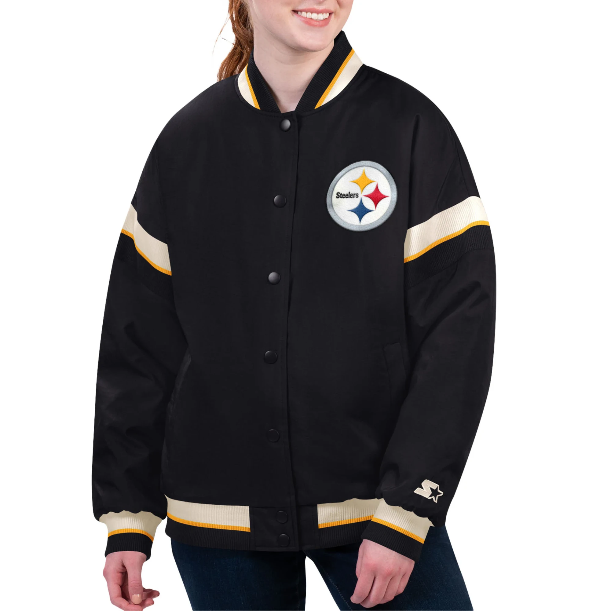 Women's Pittsburgh Steelers Tournament Black Satin Varsity Jacket