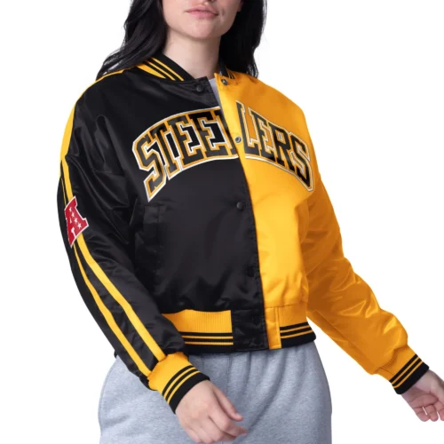 Women's Pittsburgh Steelers Zone Blitz Cropped Black/Gold Satin Jacket