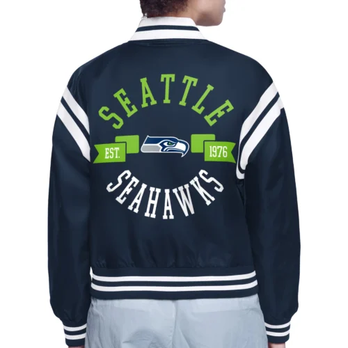 Alternative view of Women's Seattle Seahawks Round Printed Logo Cropped  Navy Satin Varsity Jacket