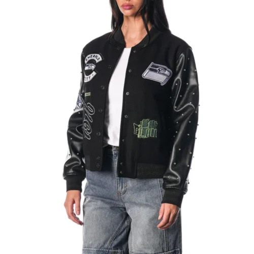 Women’s Seattle Seahawks Sparkle Black Wool & Leather Varsity Jacket