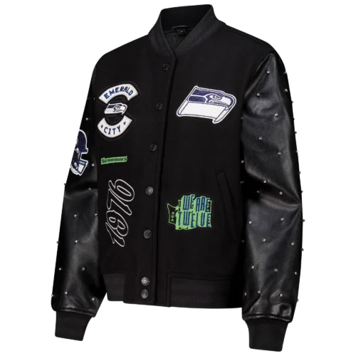 Women’s Seattle Seahawks Sparkle Black Wool & Leather Varsity Jacket - Image 3