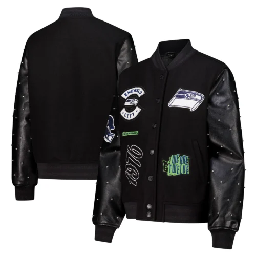 Women’s Seattle Seahawks Sparkle Black Wool & Leather Varsity Jacket - Image 5