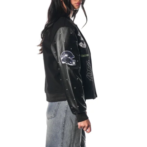 Alternative view of Women’s Seattle Seahawks Sparkle Black Wool & Leather Varsity Jacket