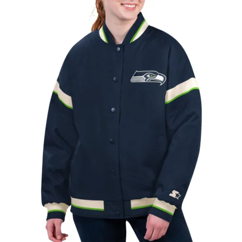 Women's Seattle Seahawks Tournament Navy Satin Varsity Jacket