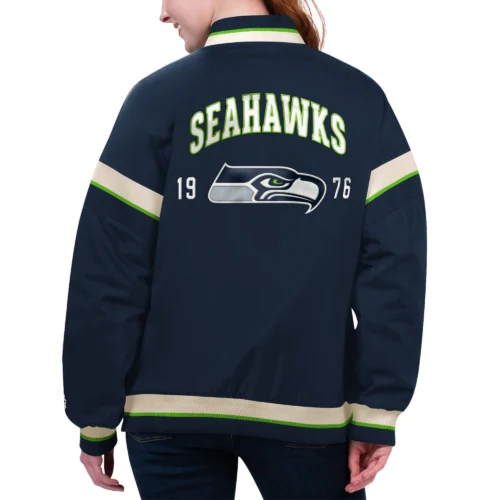 Alternative view of Women's Seattle Seahawks Tournament Navy Satin Varsity Jacket