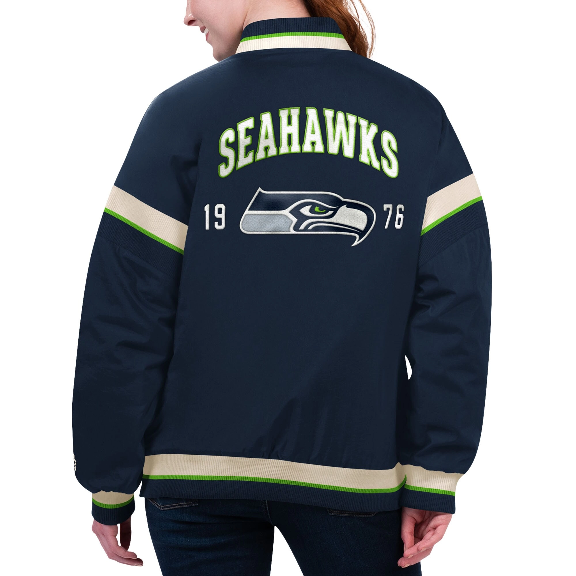 Women's Seattle Seahawks Tournament Navy Satin Varsity Jacket - Image 2