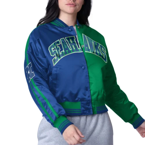 Women's Seattle Seahawks Zone Blitz Cropped Navy/Green Satin Jacket