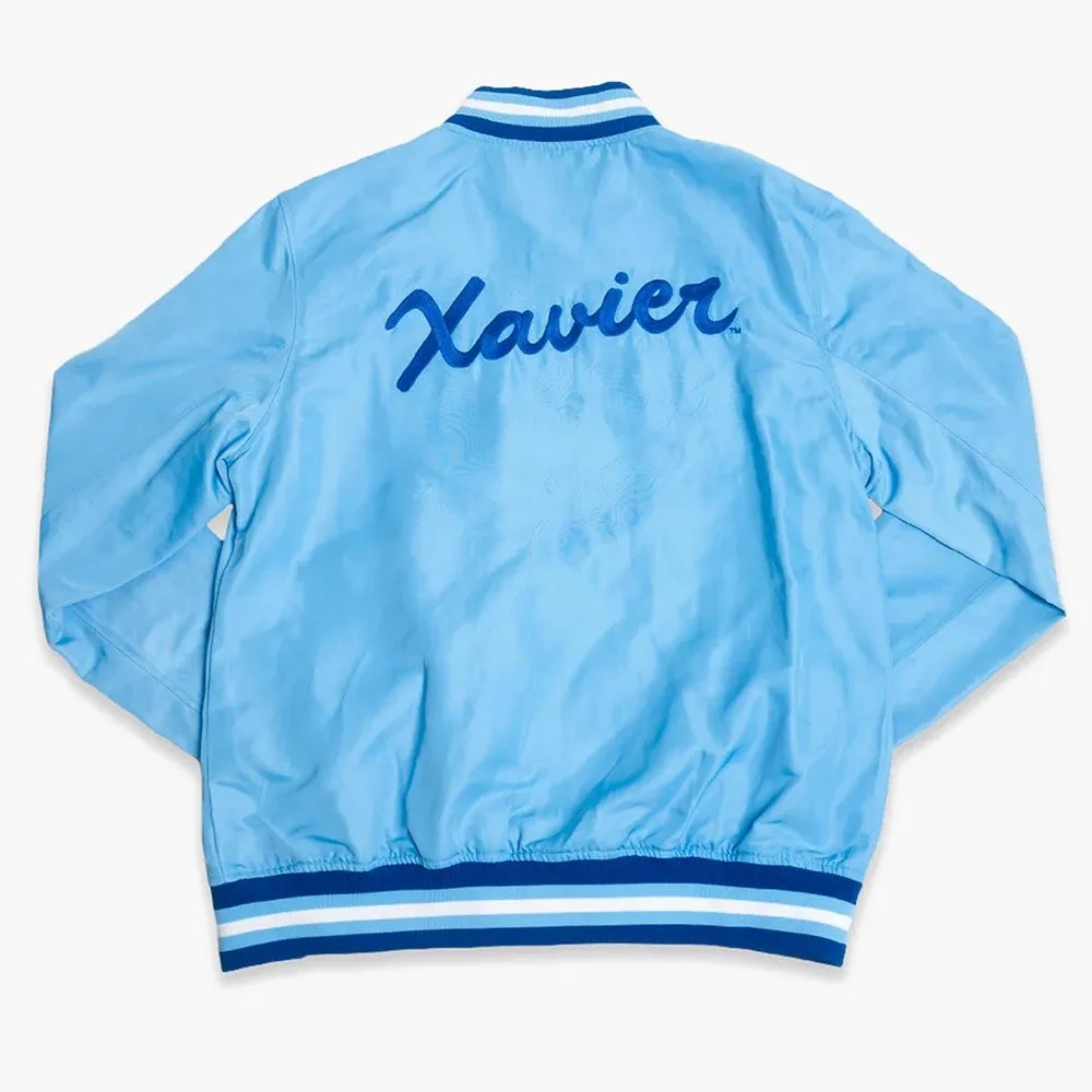 Xavier Musketeers Vintage Logo Bomber Blue Satin Varsity Jacket - Image 2