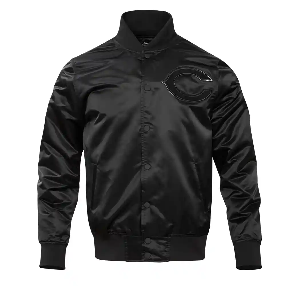 Chicago Bears Triple Black Black Satin Varsity Jacket