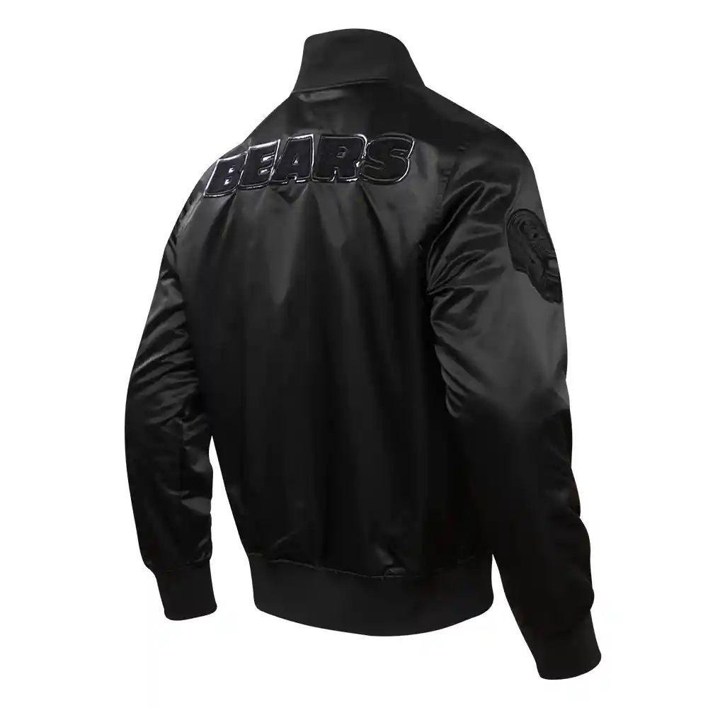 Chicago Bears Triple Black Black Satin Varsity Jacket - Image 3