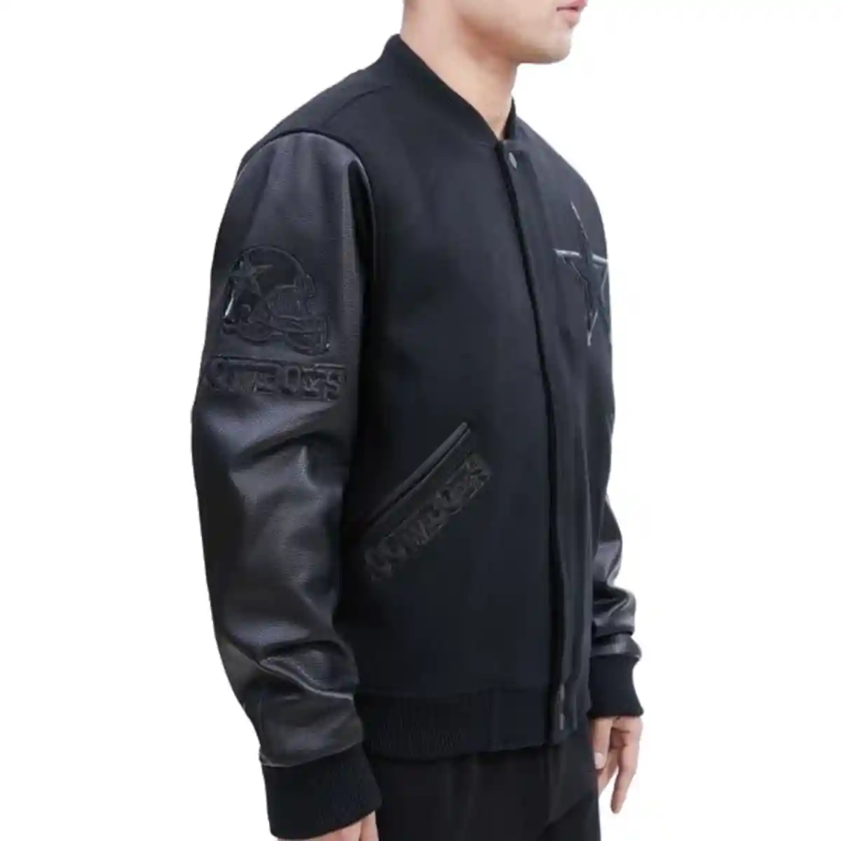 Dallas Cowboys Triple Black Black Wool/Leather Varsity Jacket - Image 3