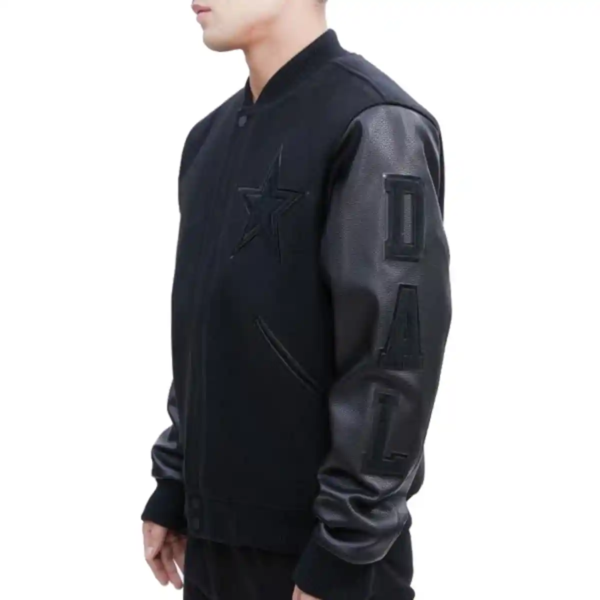 Dallas Cowboys Triple Black Black Wool/Leather Varsity Jacket - Image 4