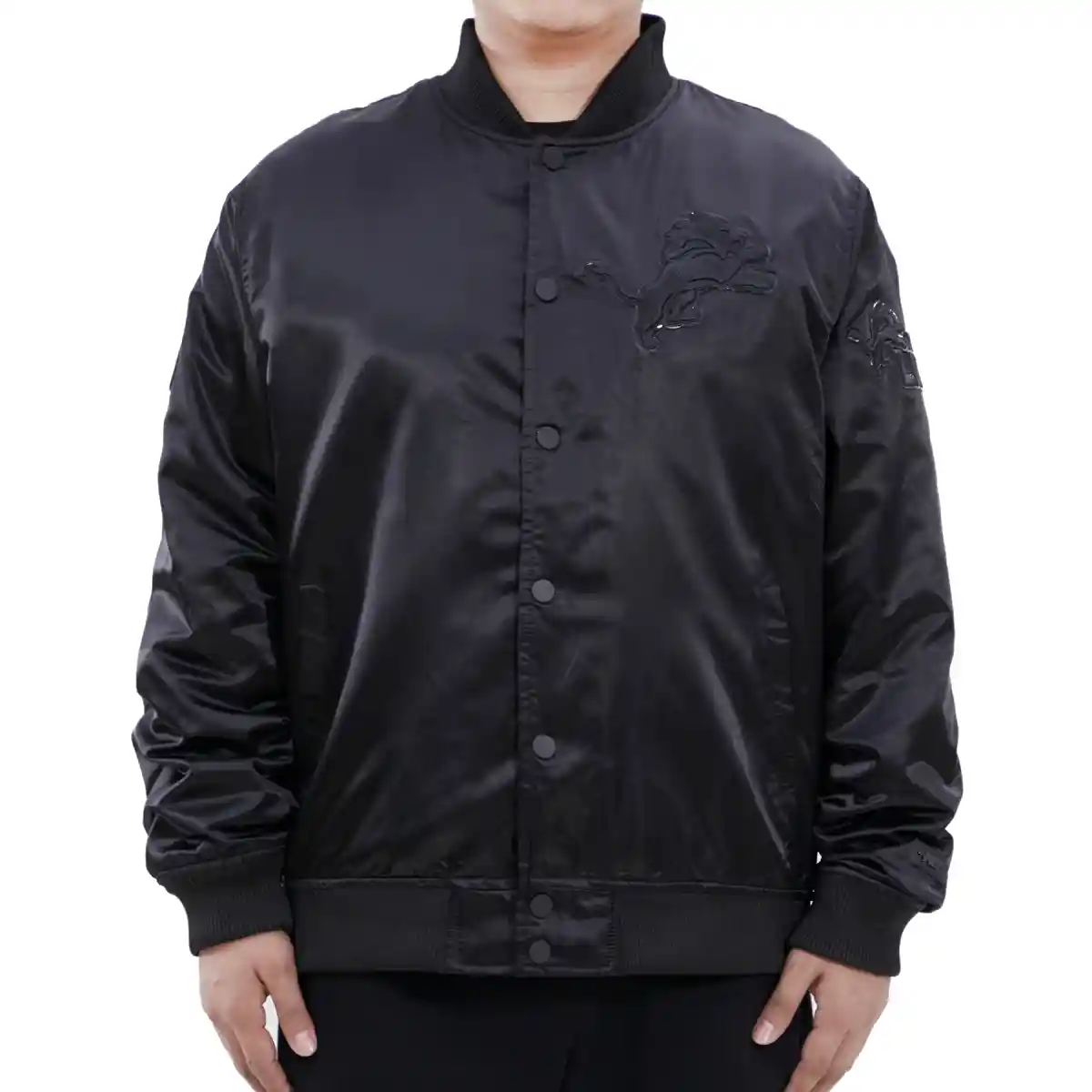Detroit Lions Triple Black Black Satin Varsity Jacket
