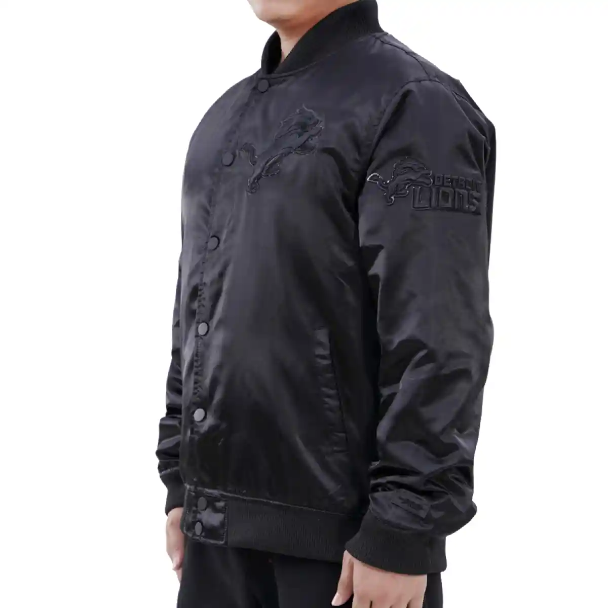 Detroit Lions Triple Black Black Satin Varsity Jacket - Image 4