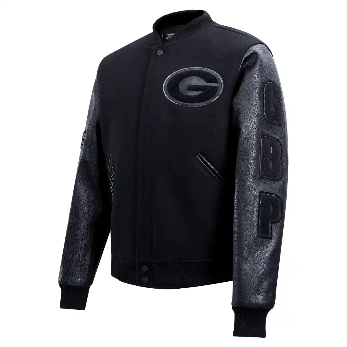 Green Bay Packers Triple Black Black Wool/Leather Varsity Jacket