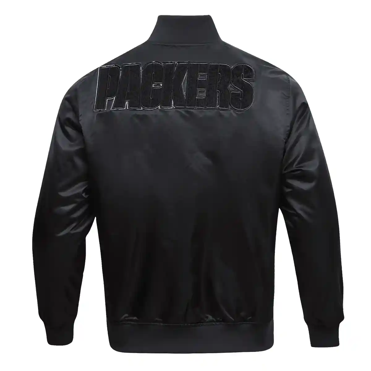 Green Bay Packers Triple Black Black Satin Varsity Jacket - Image 4