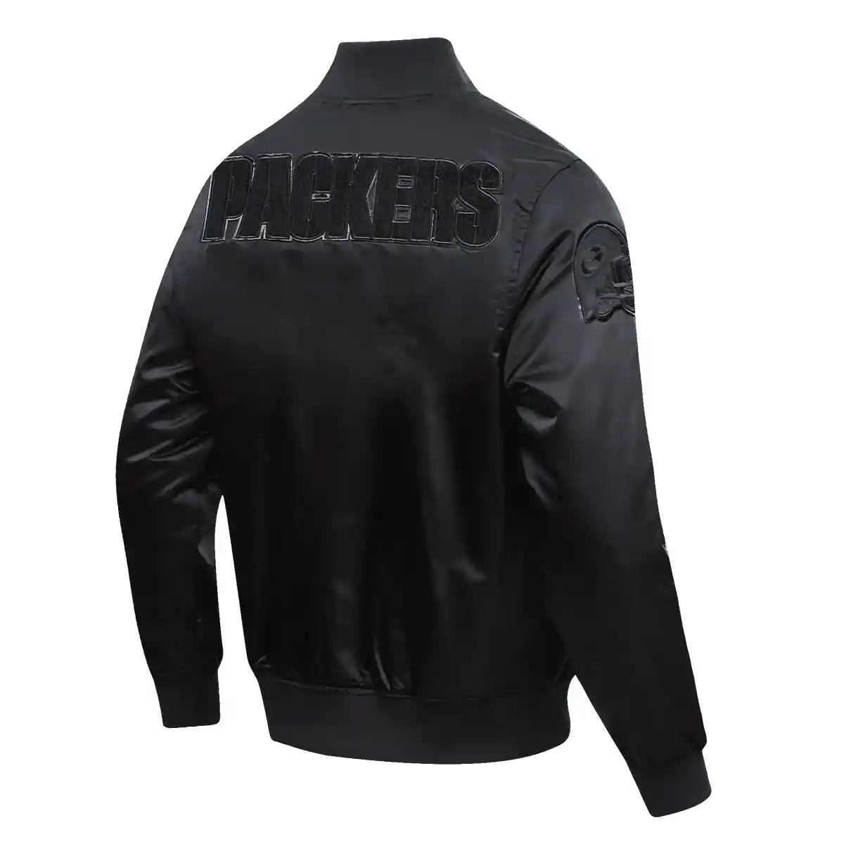 Green Bay Packers Triple Black Black Satin Varsity Jacket - Image 3