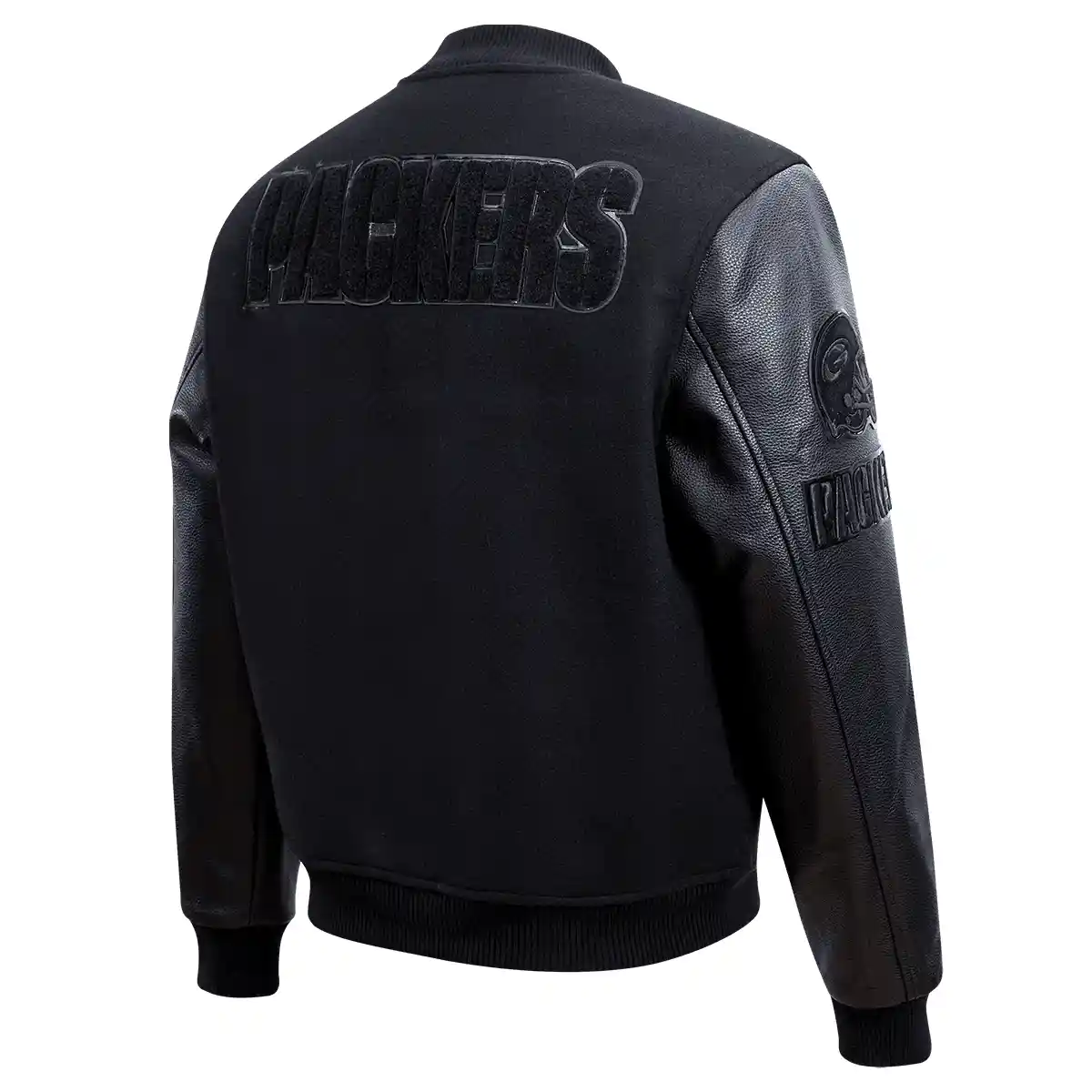 Alternative view of Green Bay Packers Triple Black Black Wool/Leather Varsity Jacket