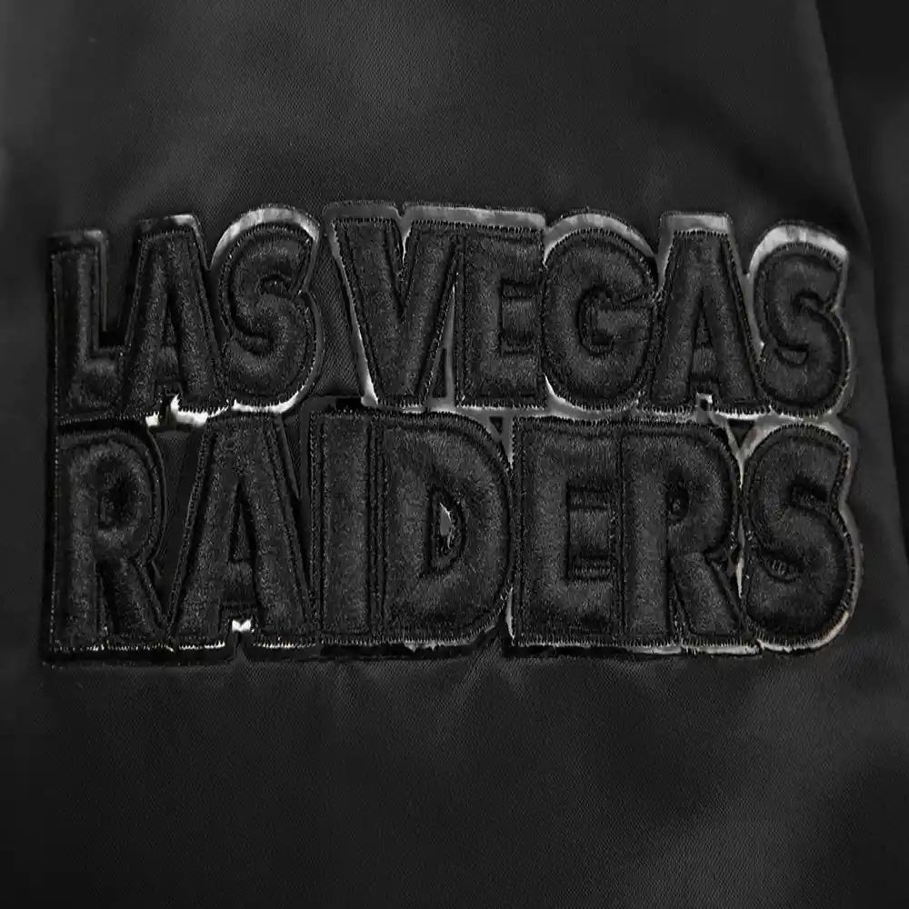 Las Vegas Raiders Triple Black Black Satin Varsity Jacket - Image 5
