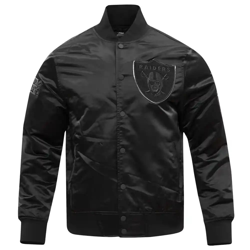 Las Vegas Raiders Triple Black Black Satin Varsity Jacket