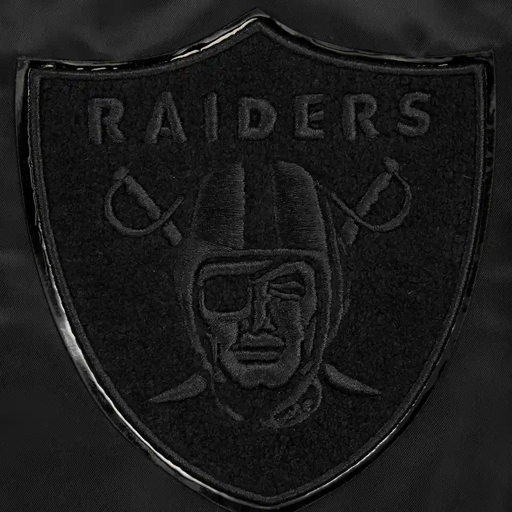 Las Vegas Raiders Triple Black Black Satin Varsity Jacket - Image 4