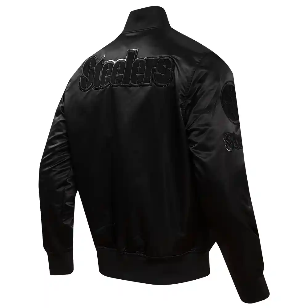Pittsburgh Steelers Triple Black Black Satin Varsity Jacket - Image 3