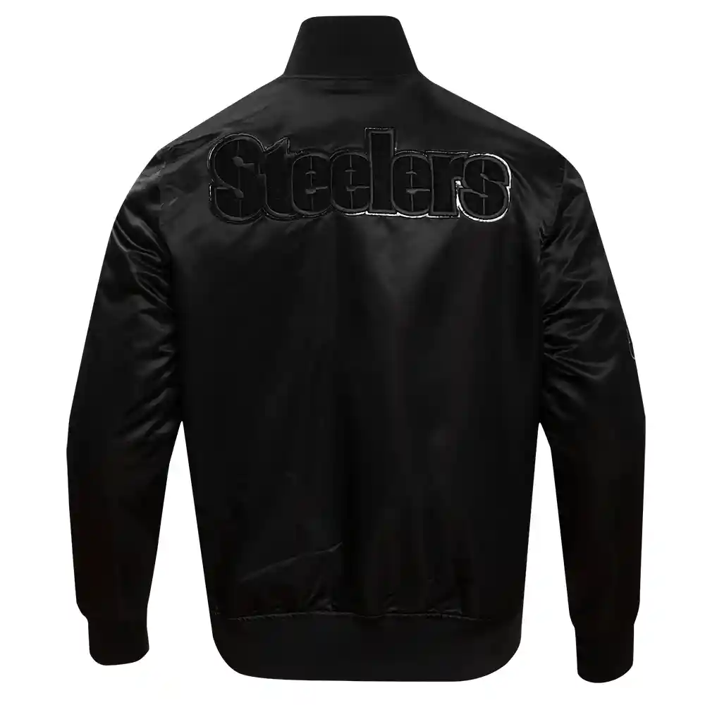 Pittsburgh Steelers Triple Black Black Satin Varsity Jacket - Image 4