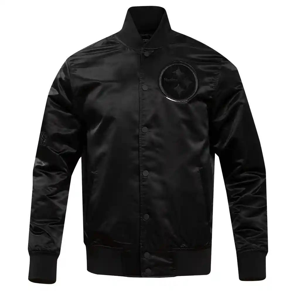 Pittsburgh Steelers Triple Black Black Satin Varsity Jacket