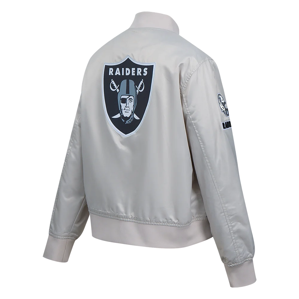 Woman's Las Vegas Raiders Classic Silver Satin Varsity Jacket - Image 3