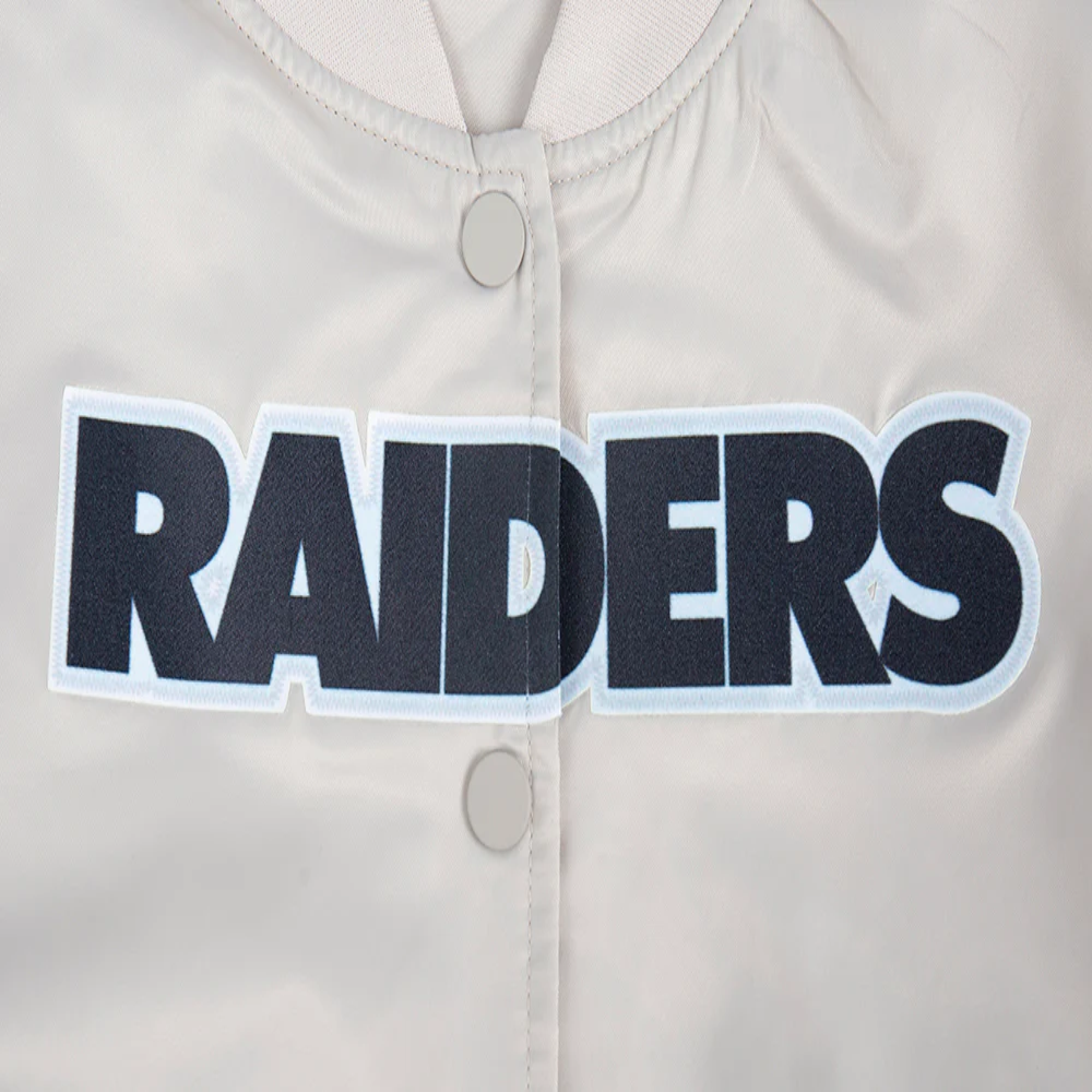 Woman's Las Vegas Raiders Classic Silver Satin Varsity Jacket - Image 5