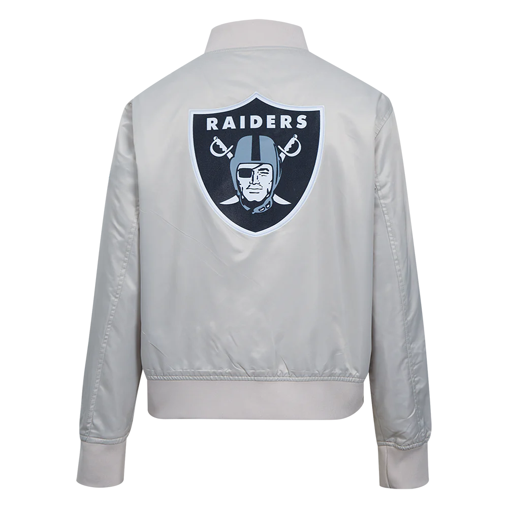 Woman's Las Vegas Raiders Classic Silver Satin Varsity Jacket - Image 4