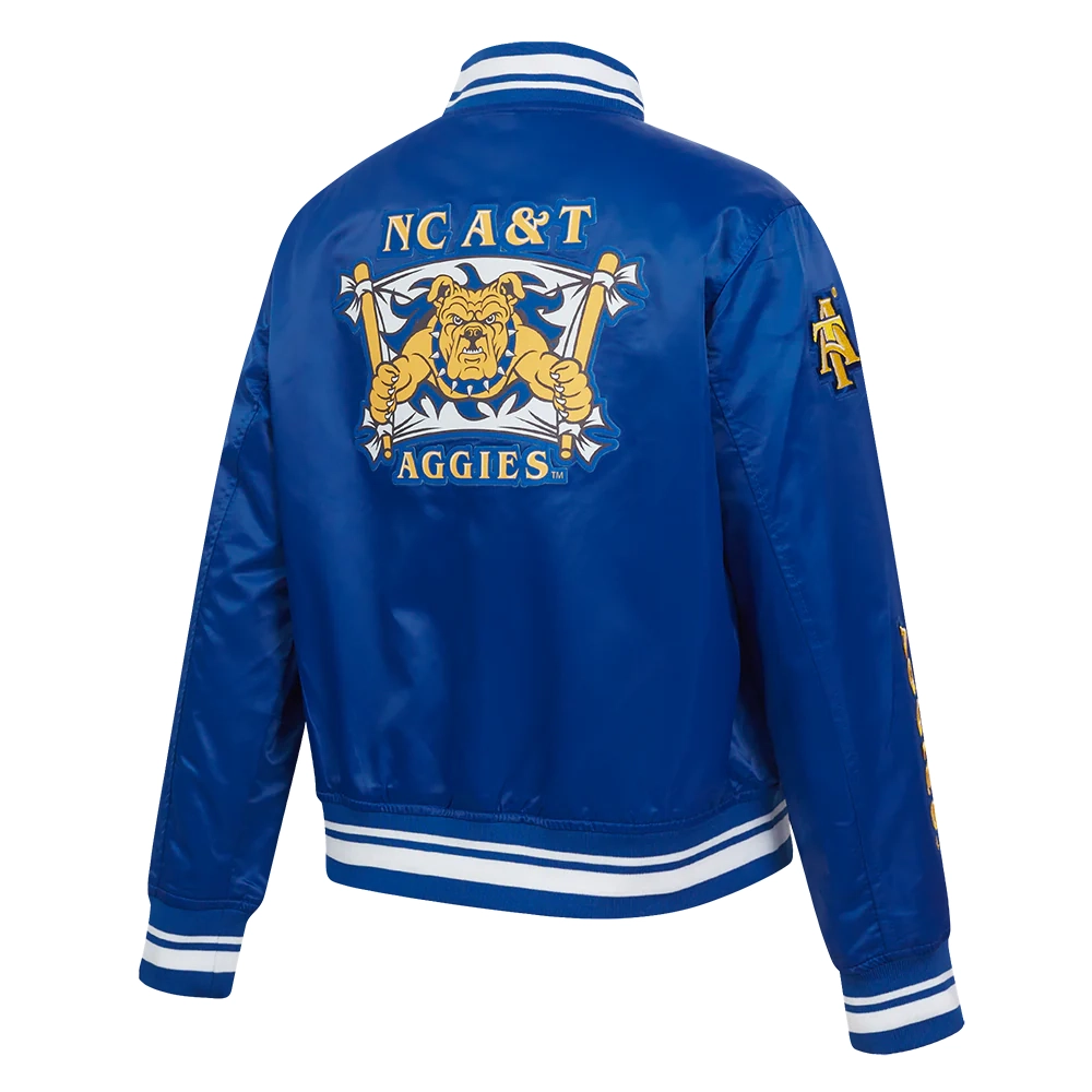 Woman's North Carolina A&T Aggies Classic Blue Satin Varsity Jacket - Image 3