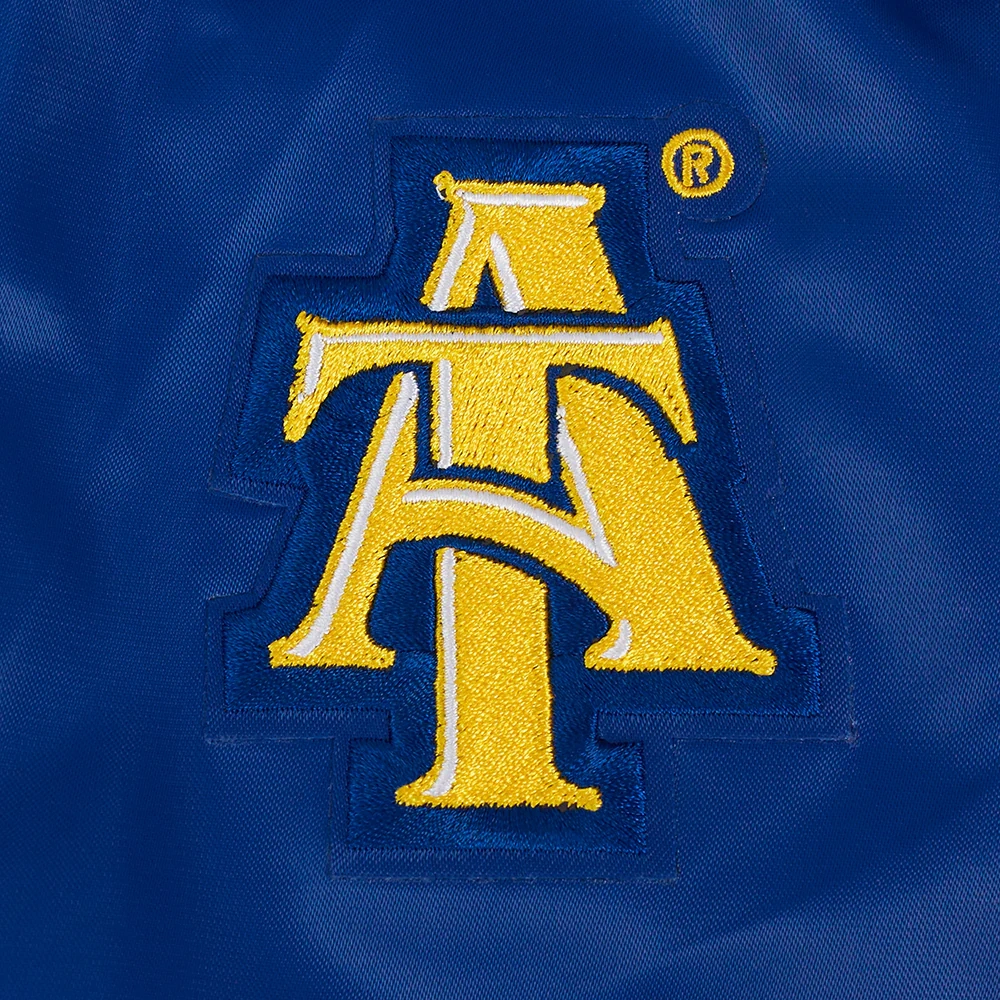 Woman's North Carolina A&T Aggies Classic Blue Satin Varsity Jacket - Image 7