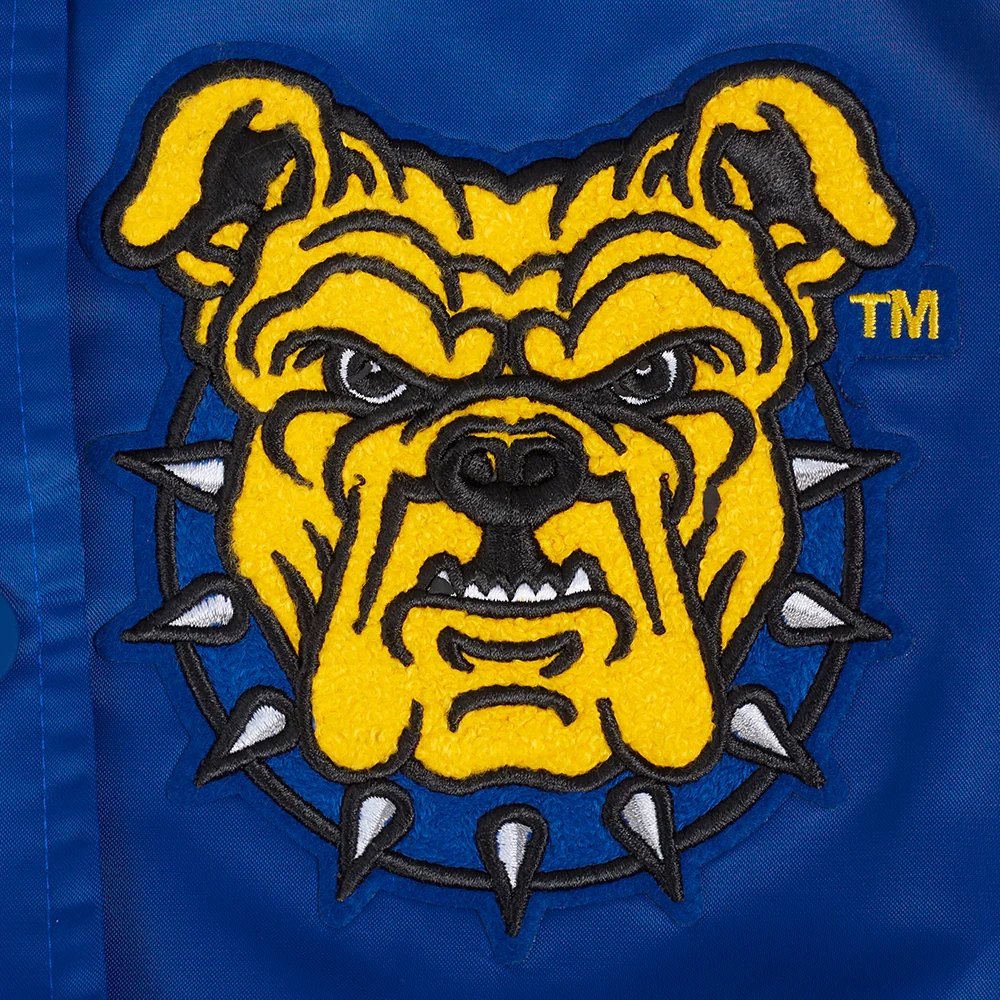 Woman's North Carolina A&T Aggies Classic Blue Satin Varsity Jacket - Image 6