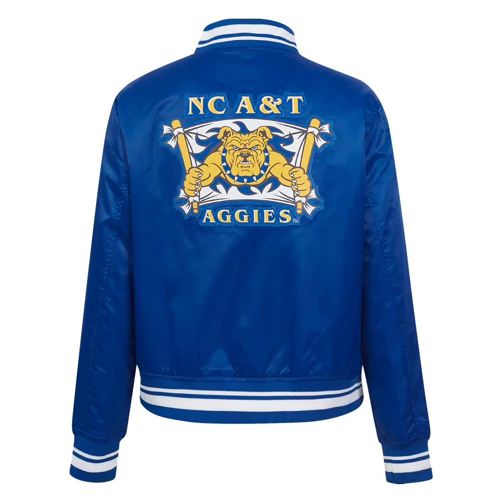 Woman's North Carolina A&T Aggies Classic Blue Satin Varsity Jacket - Image 4