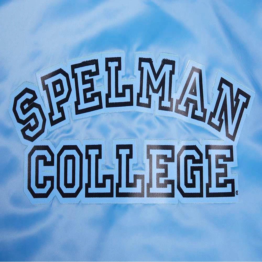Woman's Spelman College Jaguars Classic Blue Satin Varsity Jacket - Image 5